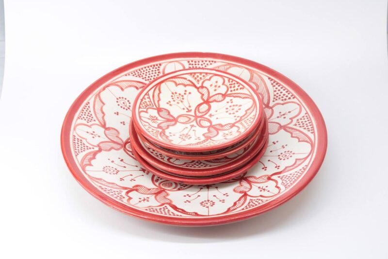 Plate Set 4+1 – Handmade Moroccan Ceramic Plates Red