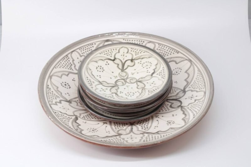 Plate Set 4+1 – Handmade Moroccan Ceramic Plates Gray
