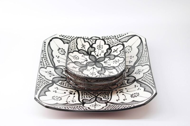 Plate Set 4+1 – Handmade Moroccan Ceramic Square Plates Black