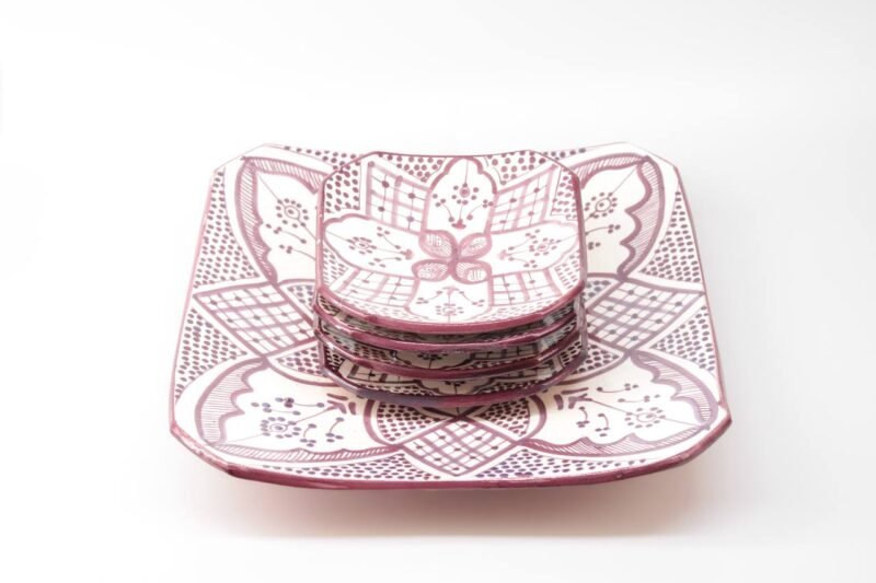 Plate Set 4+1 – Handmade Moroccan Ceramic Square Plates Purple