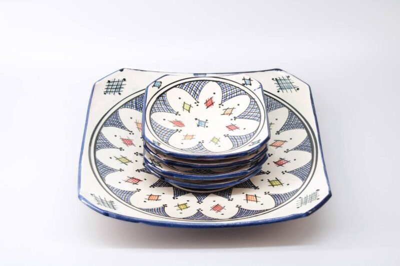 Plate Set 4+1 – Handmade Moroccan Ceramic Square Plates Blue Canva