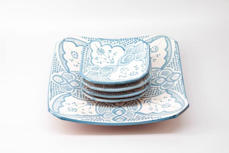 Plate Set 4+1 – Handmade Moroccan Ceramic Square Plates Sky Blue