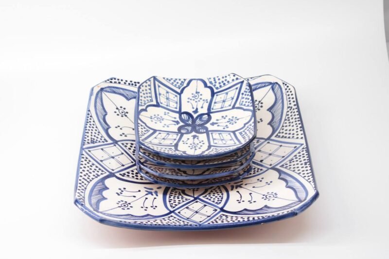 Plate Set 4+1 – Handmade Moroccan Ceramic Square Plates Blue