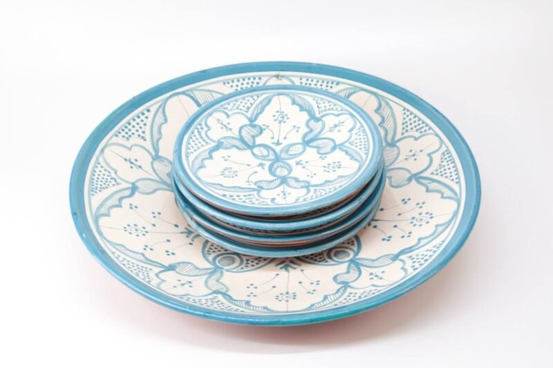 Plate Set 4+1 – Handmade Moroccan Ceramic Plates Sky Blue